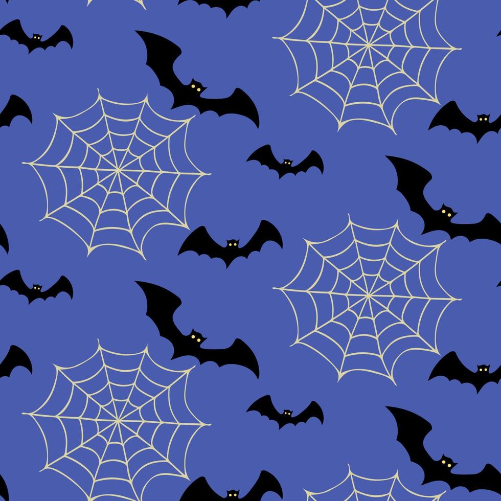 Seamless Halloween pattern with flying bats around spider webs. Hand drawn vector illustration for Halloween party decoration, scrapbooking, textile, greeting cards design, wall paper.