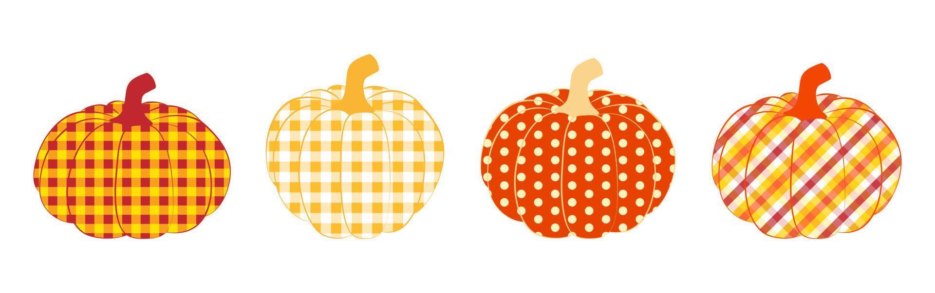 Pumpkins in Autumn different plaid and polka dots. Isolated elements on white. Clip art design for cards, invitations, decoration for Thanksgiving, Halloween, harvest season, scrapbooking, decor. vector
