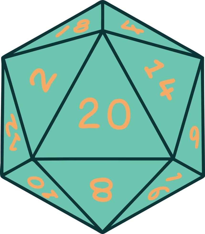 Retro Tattoo Style natural 20 D20 dice roll vector