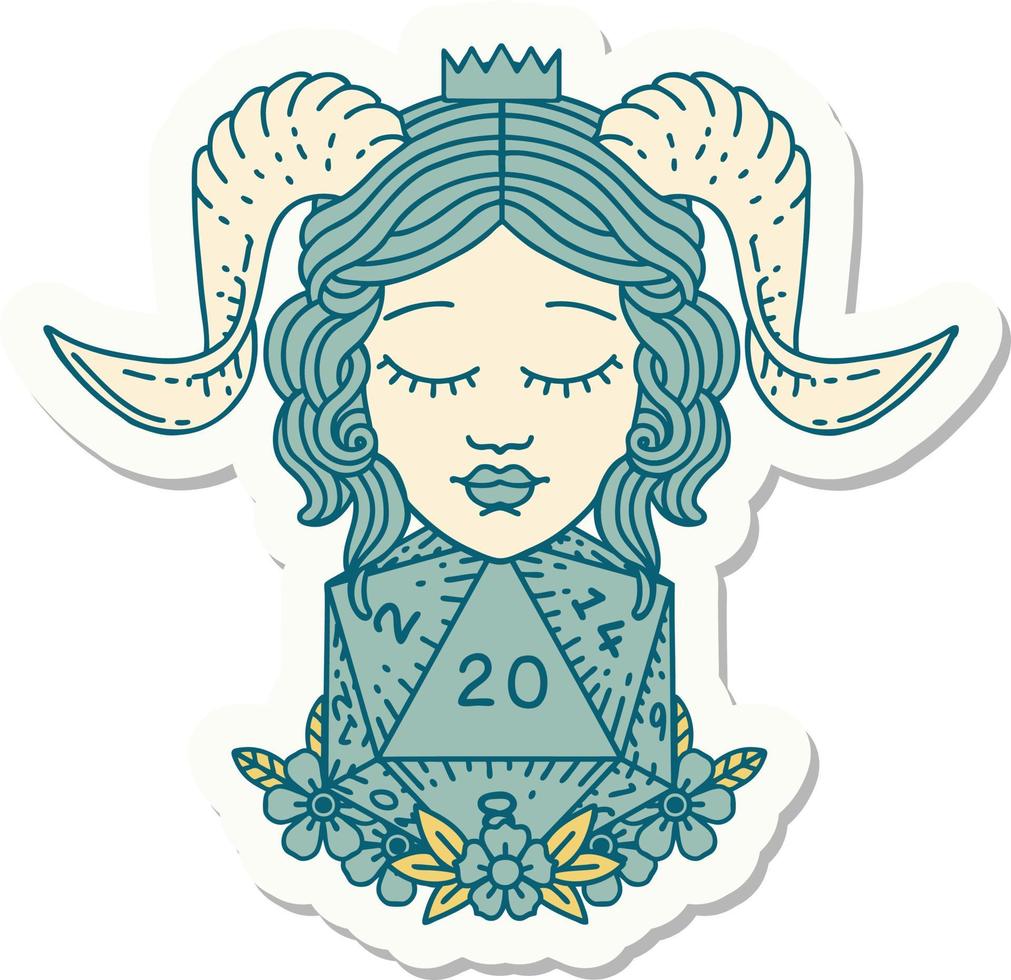 sticker of a tiefling with natural twenty d20 dice roll vector