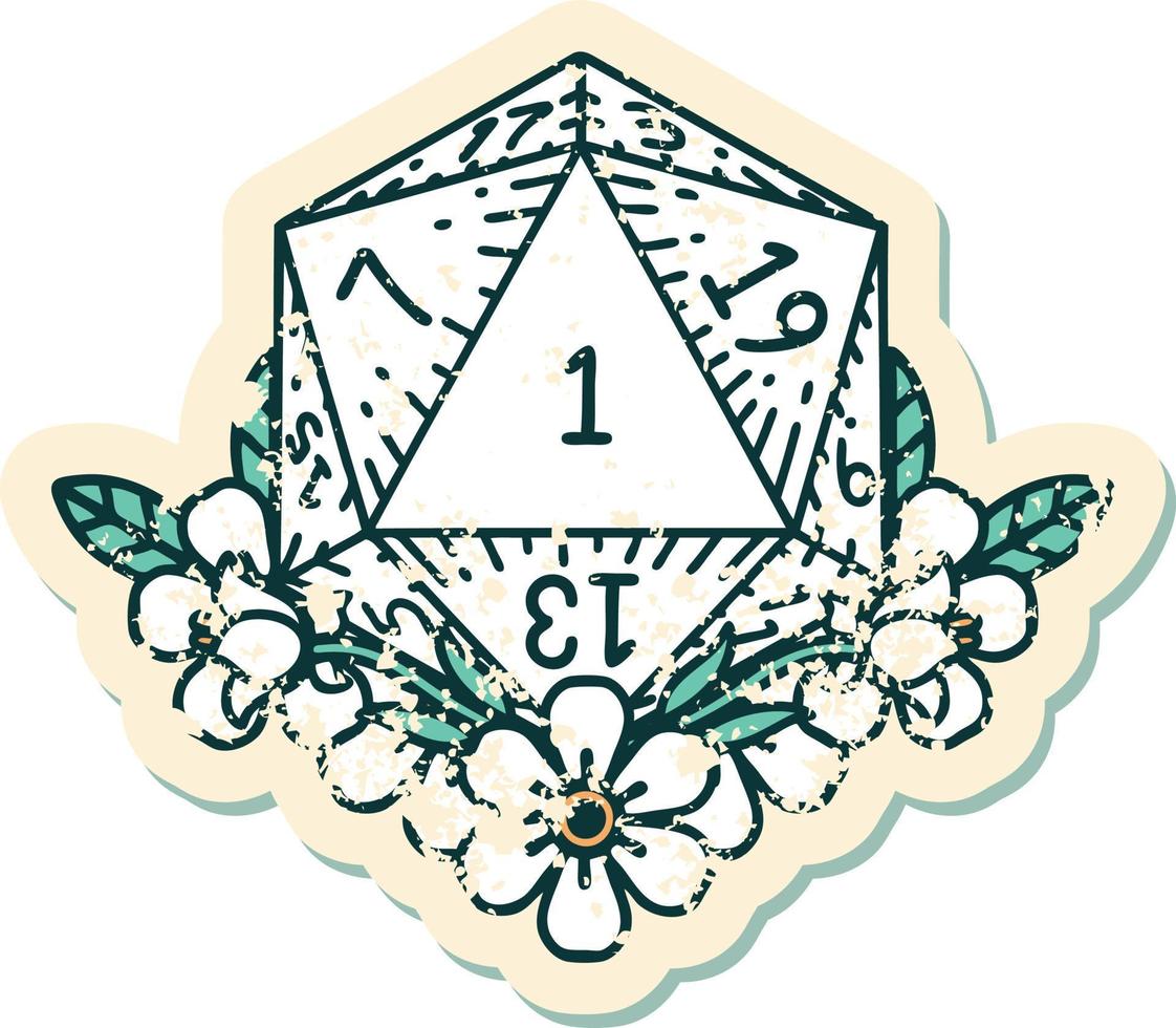 grunge sticker of a natural one dice roll with floral elements vector