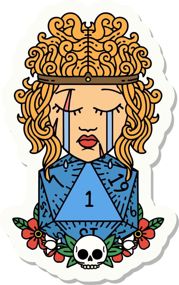 sticker of a crying human barbarian with natural one D20 roll vector