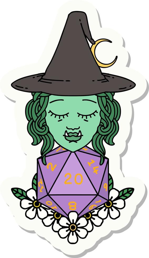 sticker of a half orc wizard with natural twenty dice roll vector