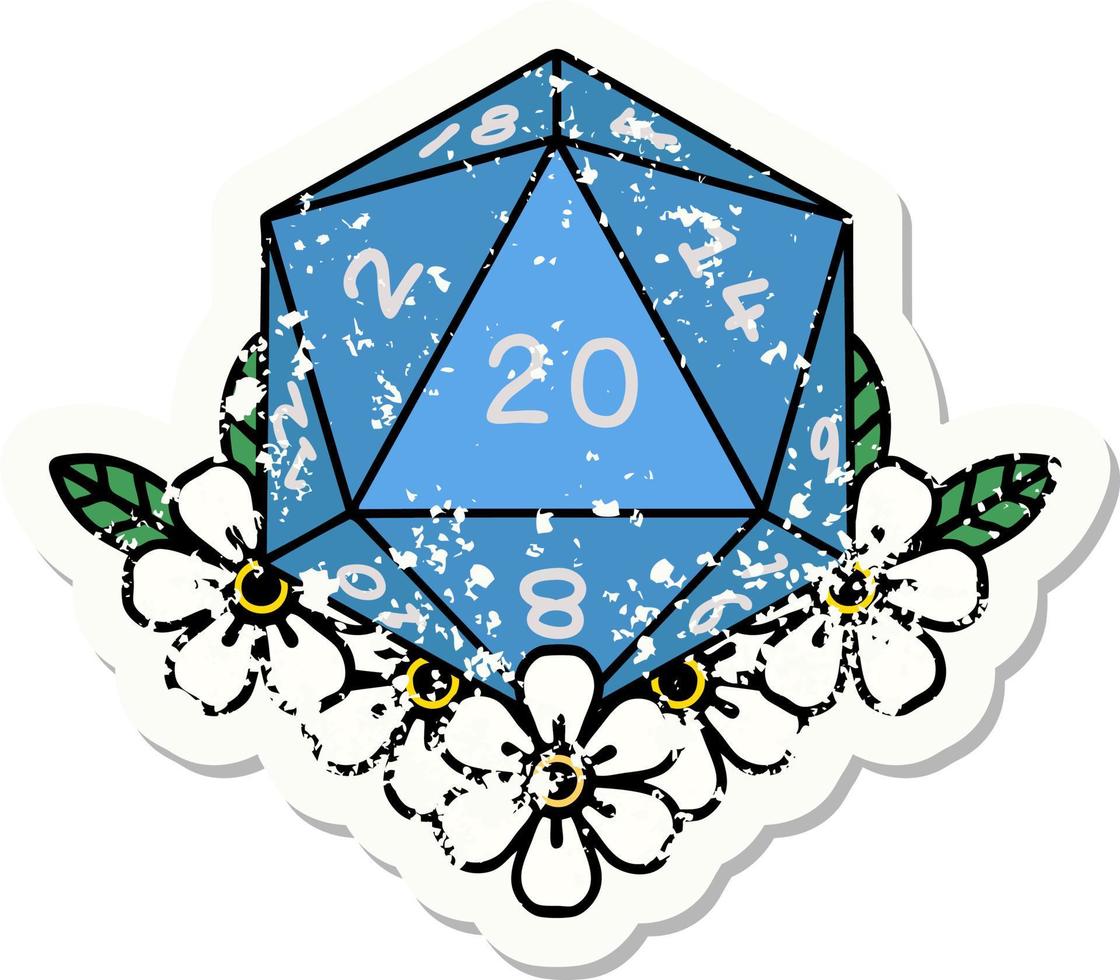 grunge sticker of a natural 20 D20 dice roll with floral elements vector