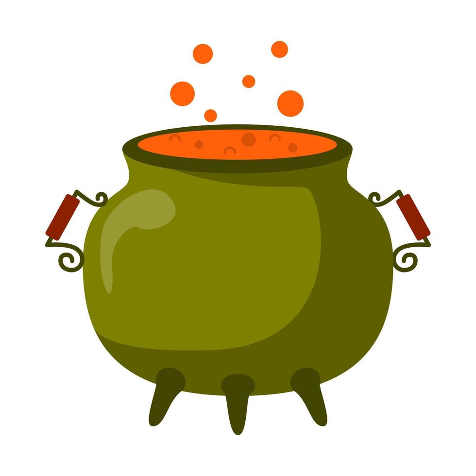 Green witch's cauldron with boiling magic potion. Symbol of witchcraft. Traditional halloween element. Vector Illustration isolated on white background.