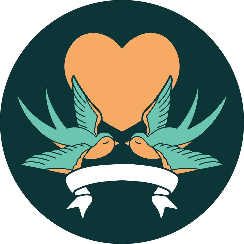 tattoo style icon with banner of swallows and a heart vector