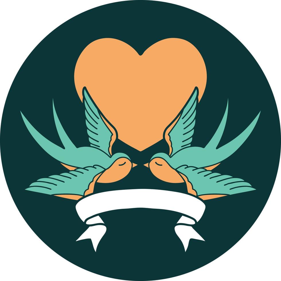 tattoo style icon with banner of swallows and a heart vector