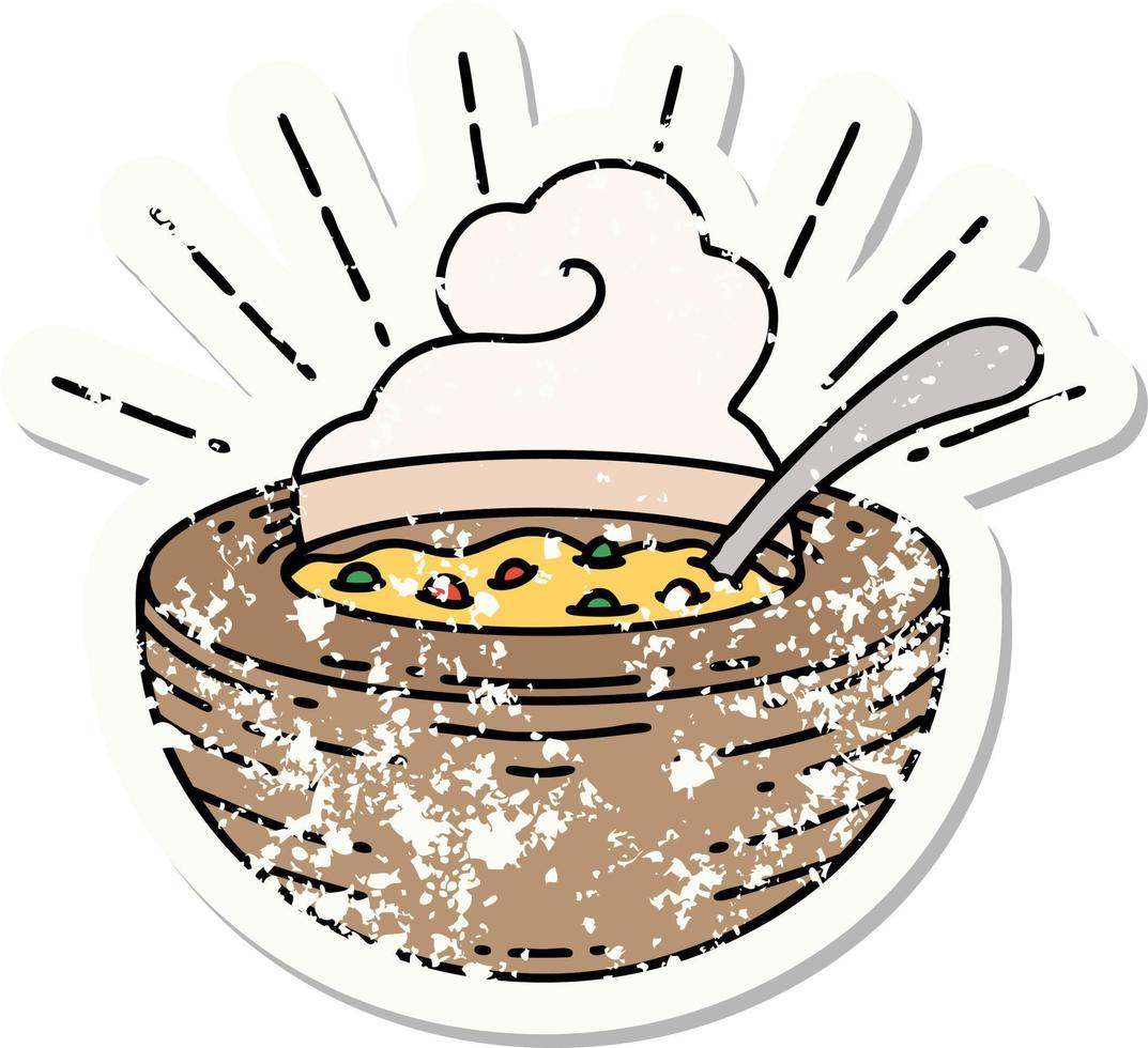 worn old sticker of a tattoo style bowl of soup vector