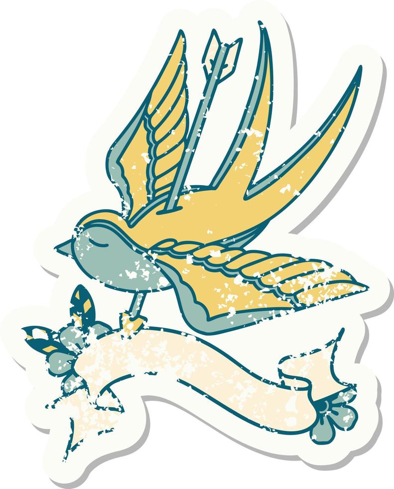 worn old sticker with banner of a swallow pierced by arrow vector