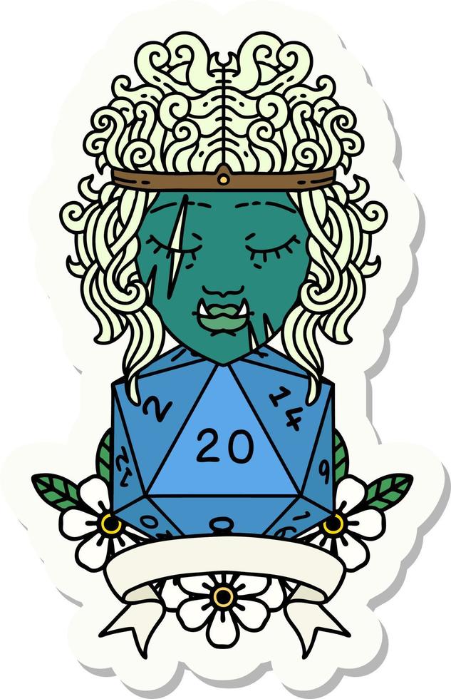 sticker of a half orc barbarian character with natural 20 dice roll vector