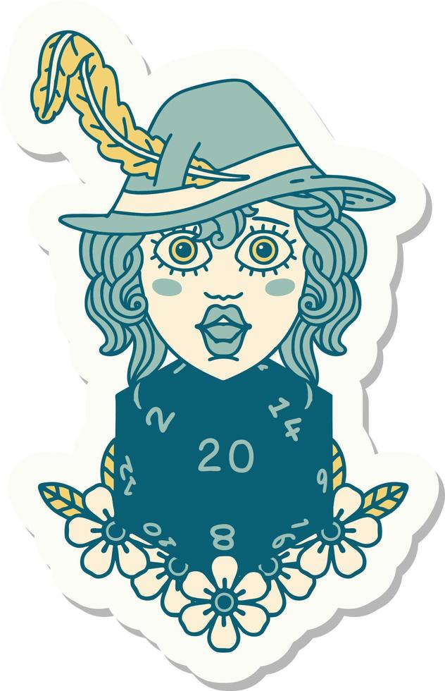 sticker of a human bard with natural 20 dice roll vector