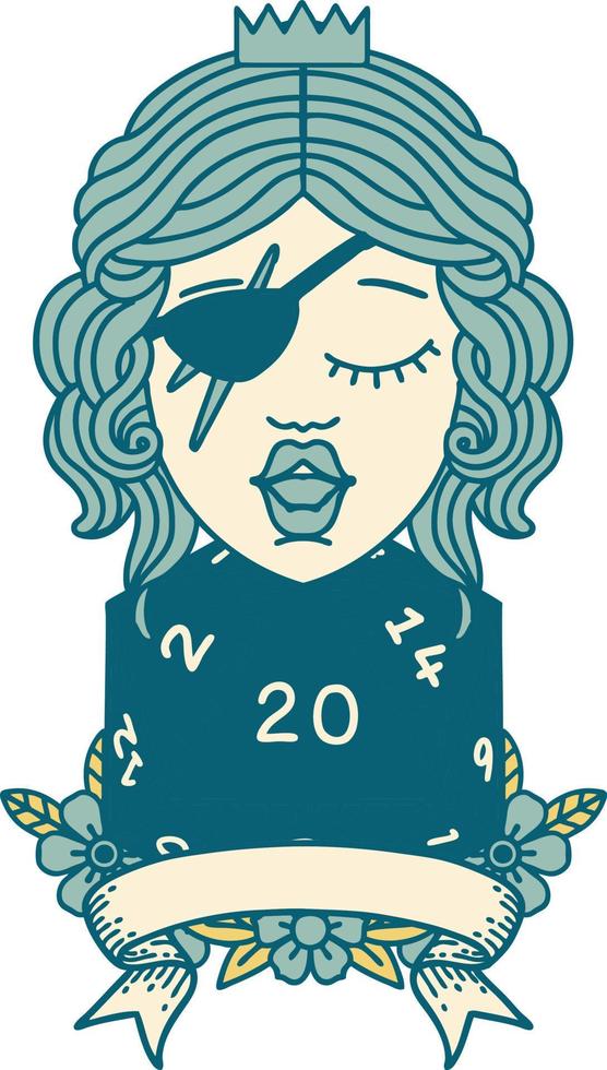 Retro Tattoo Style human rogue with natural 20 dice roll vector