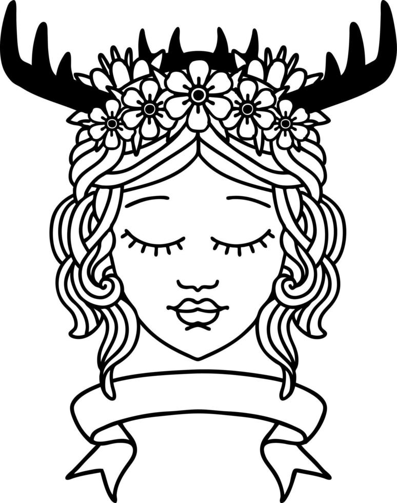 Black and White Tattoo linework Style human druid character with banner vector
