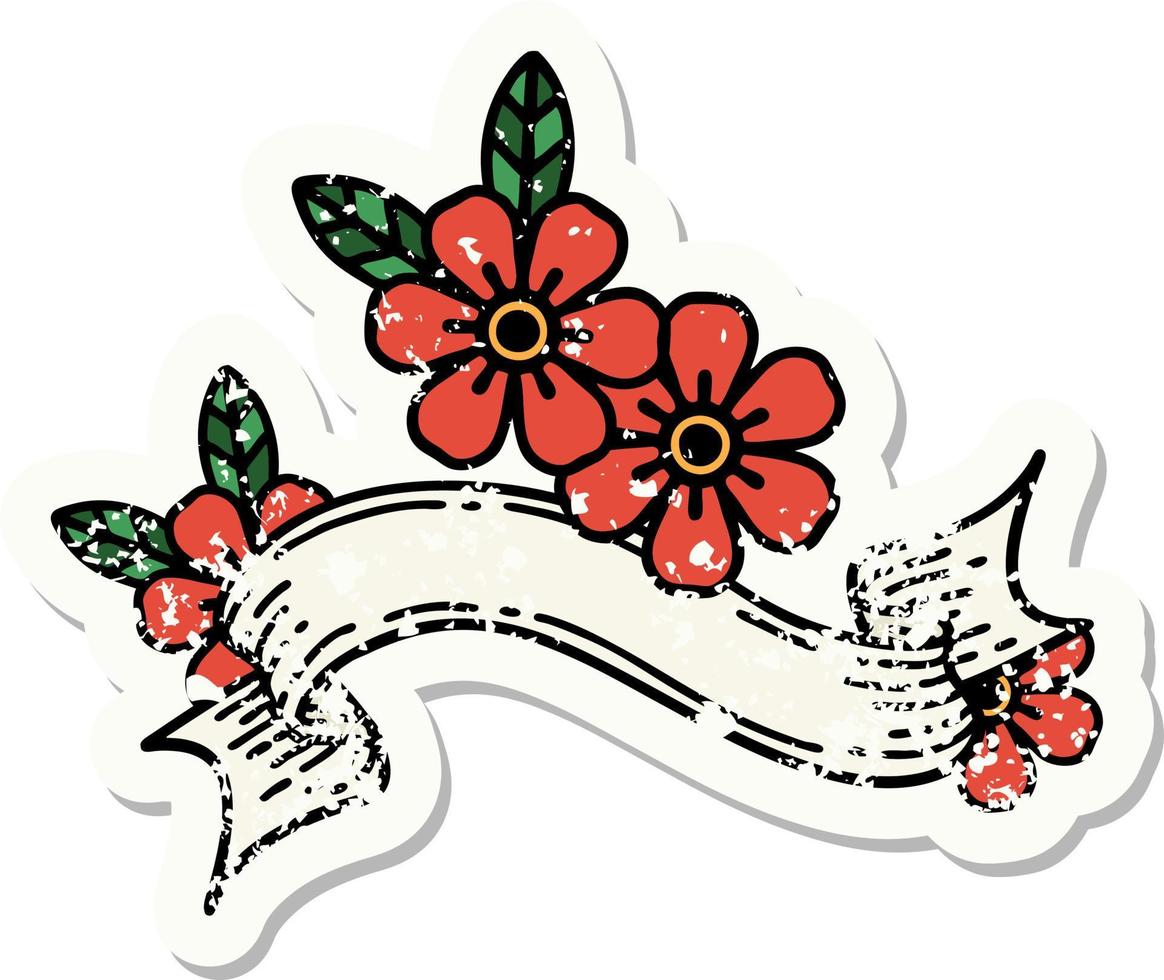 worn old sticker with banner of a flower vector