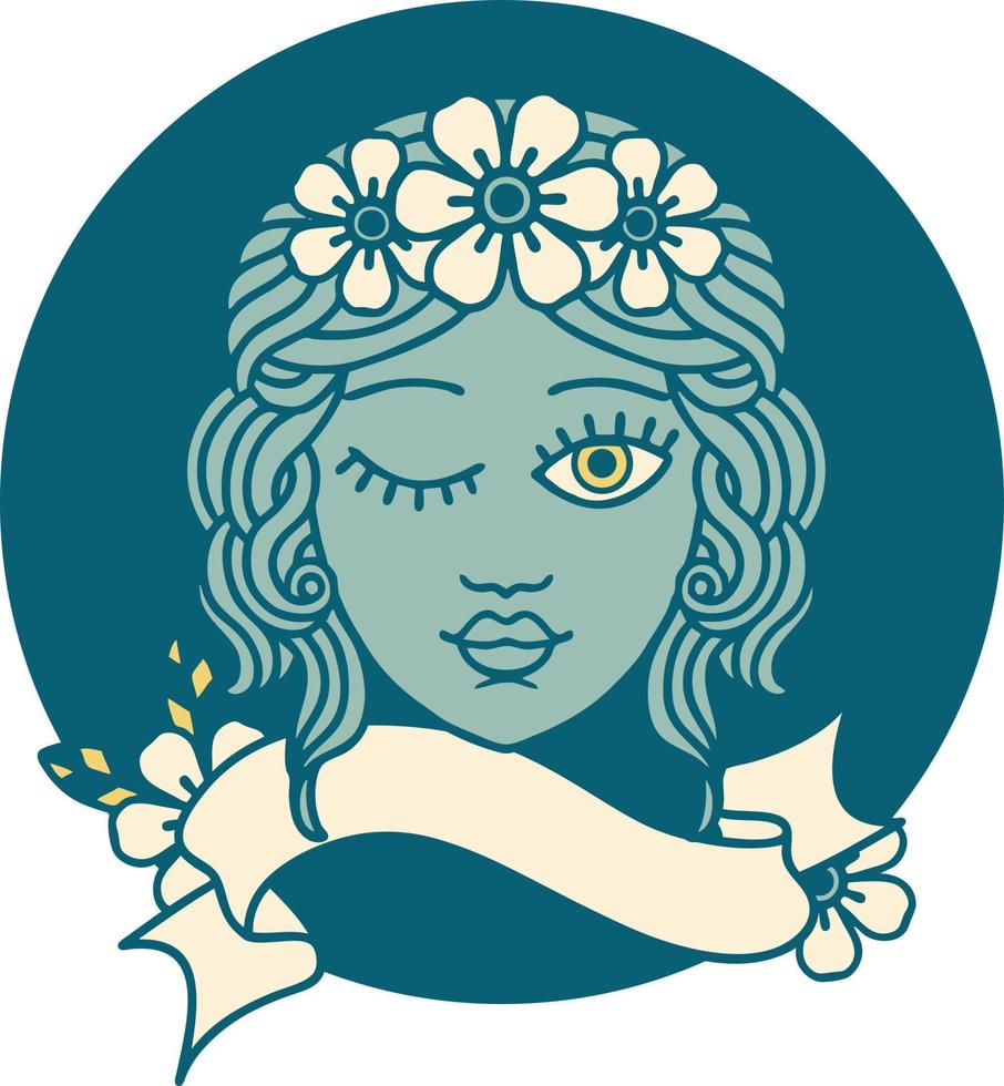 tattoo style icon with banner of a maidens face winking vector