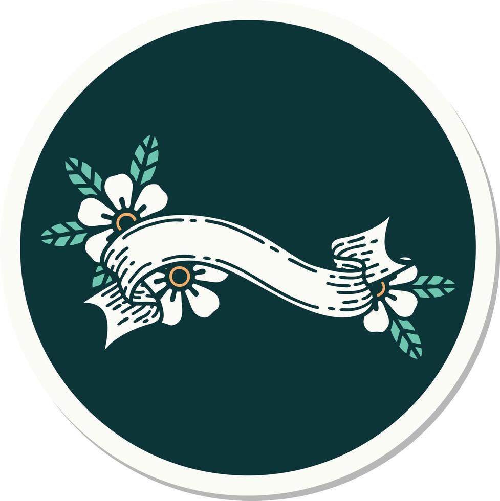 sticker of tattoo in traditional style of a banner and flowers vector