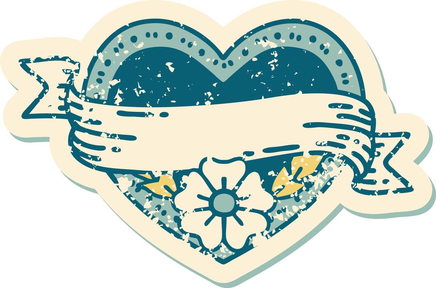 iconic distressed sticker tattoo style image of a heart and banner with flowers vector