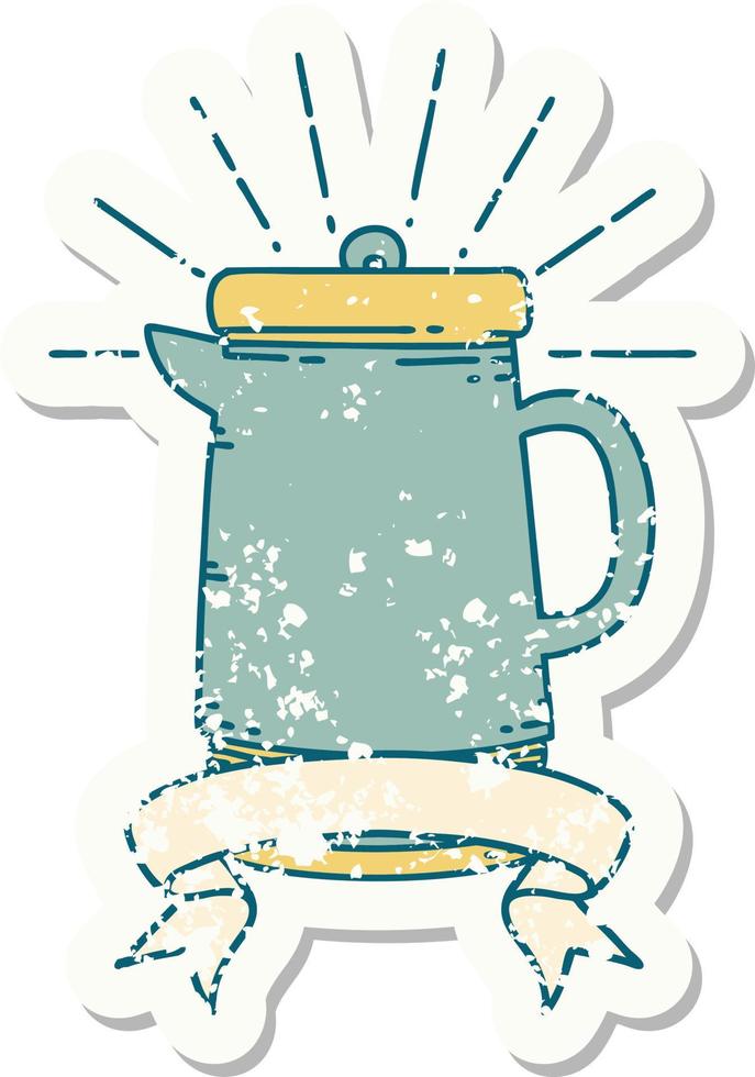 worn old sticker of a tattoo style coffee pot vector