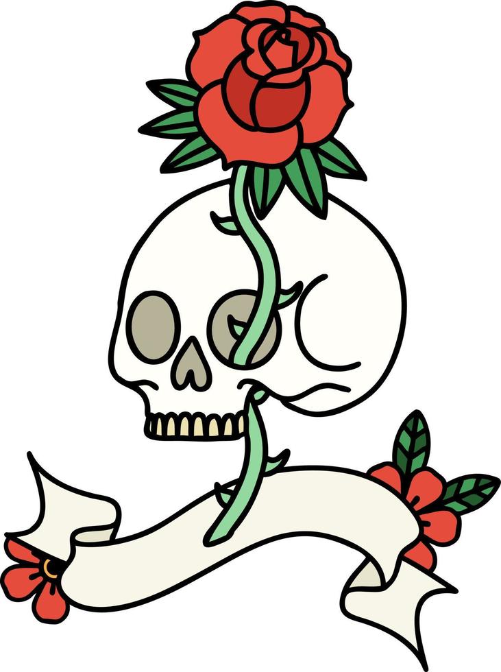 traditional tattoo with banner of a skull and rose vector