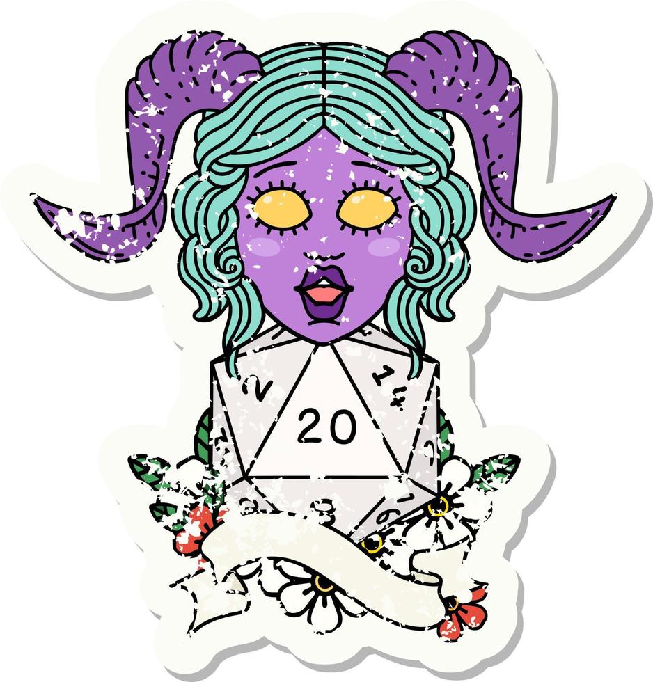 grunge sticker of a tiefling with natural twenty dice roll vector