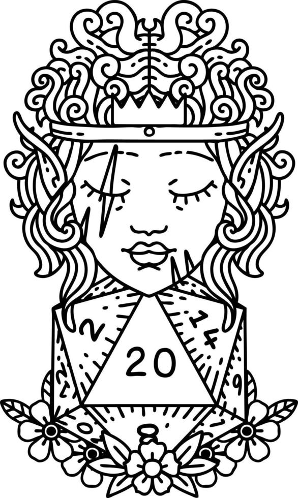 Black and White Tattoo linework Style elf barbarian character with natural 20 dice roll vector