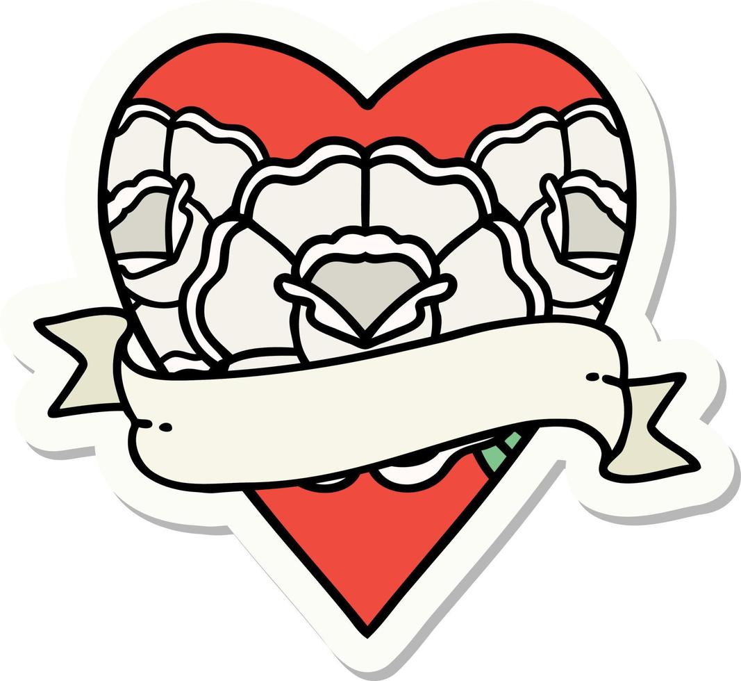 sticker of tattoo in traditional style of a heart and banner with flowers vector