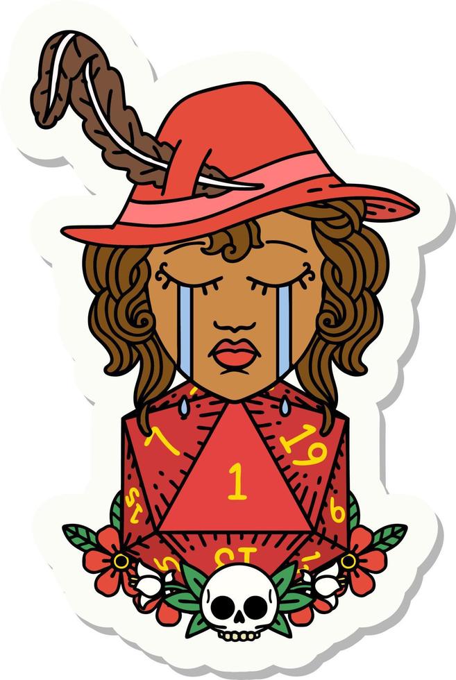 sticker of a crying human bard with natural one D20 dice roll vector