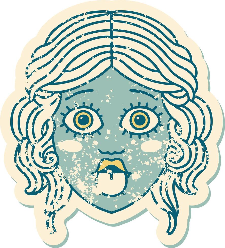 iconic distressed sticker tattoo style image of female face sticking out tongue vector