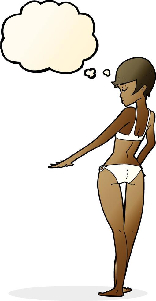 cartoon woman in bikini with thought bubble vector