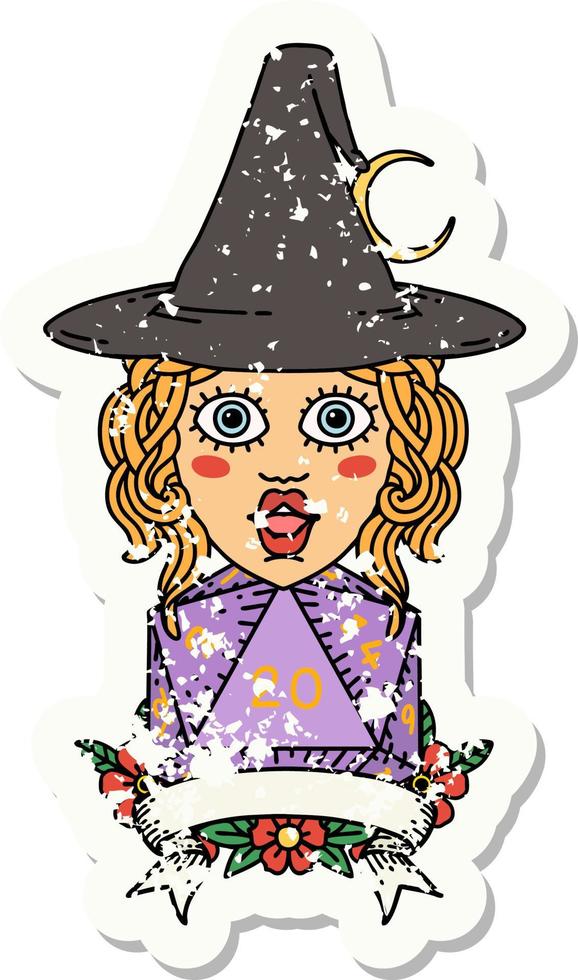 grunge sticker of a human witch with natural twenty dice roll vector