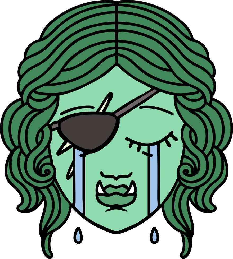 Retro Tattoo Style crying half orc rogue character face vector