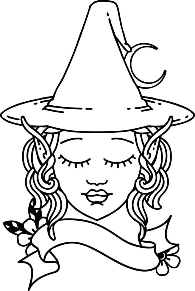 Black and White Tattoo linework Style elf mage character face vector