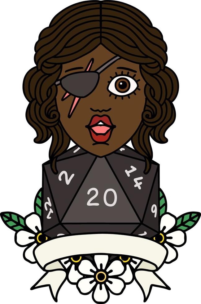 Retro Tattoo Style human rogue with natural 20 dice roll vector