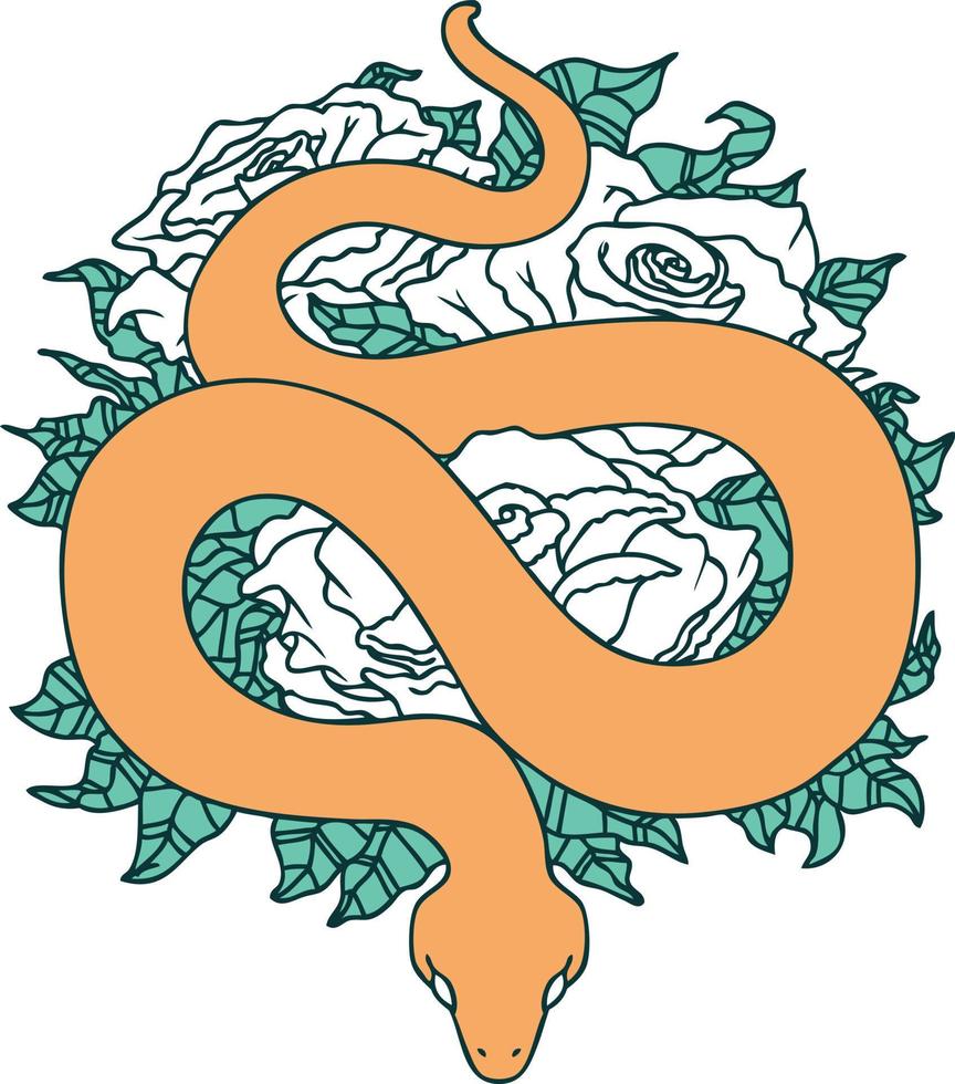 iconic tattoo style image of snake and roses vector