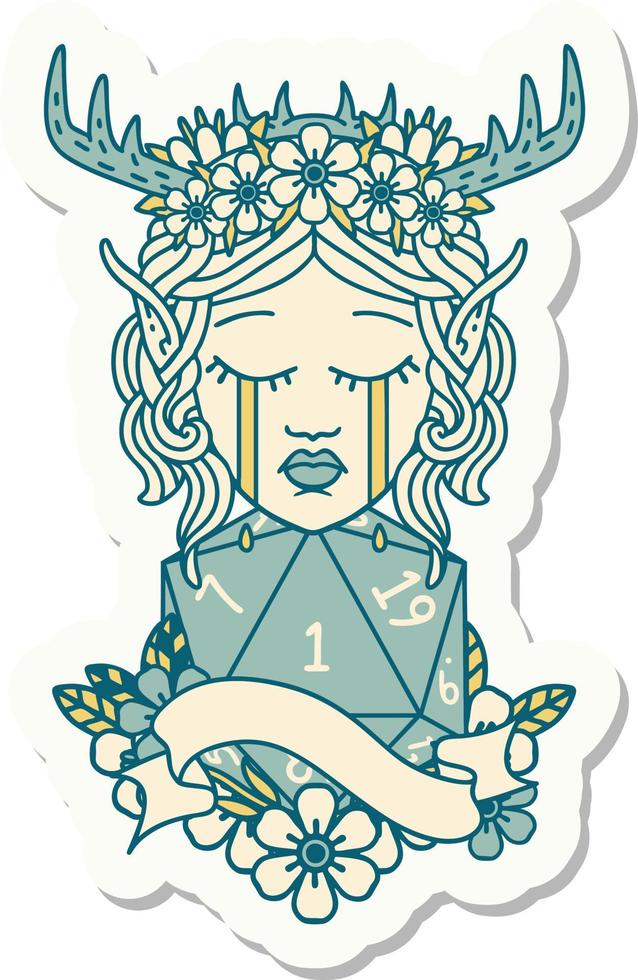 sticker of a crying elf druid character face with natural one roll vector