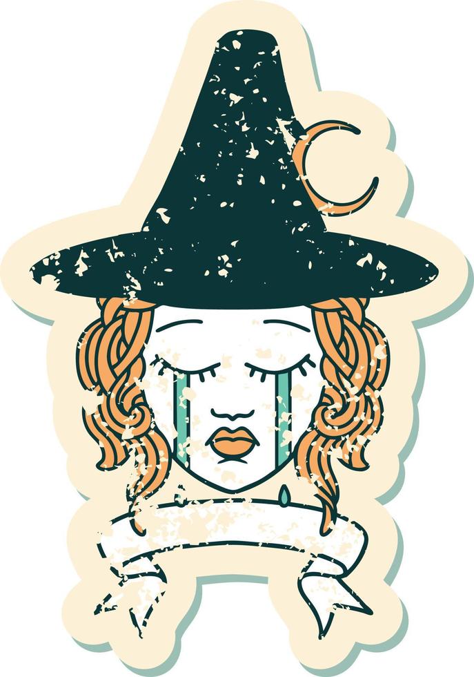 Retro Tattoo Style crying human witch with banner vector