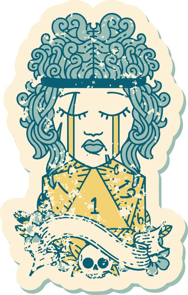Retro Tattoo Style crying human barbarian with natural one d20 roll vector