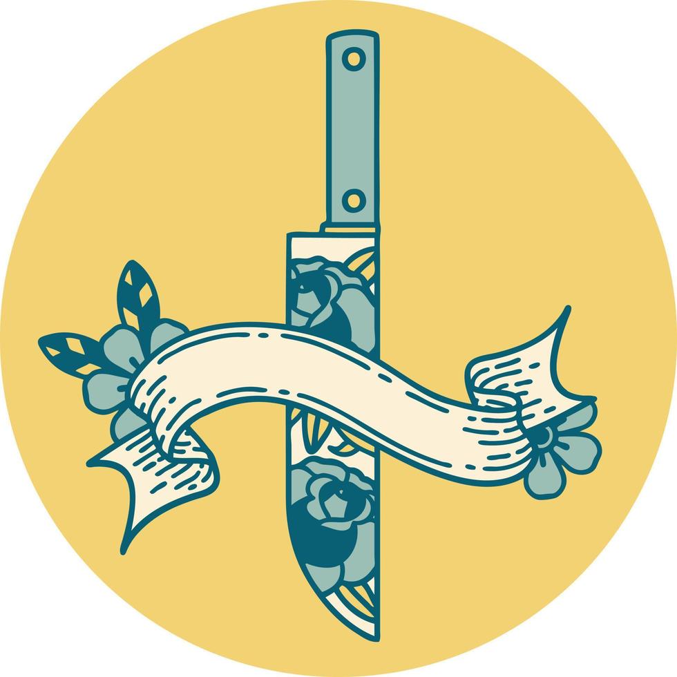 tattoo style icon with banner of a dagger and flowers vector