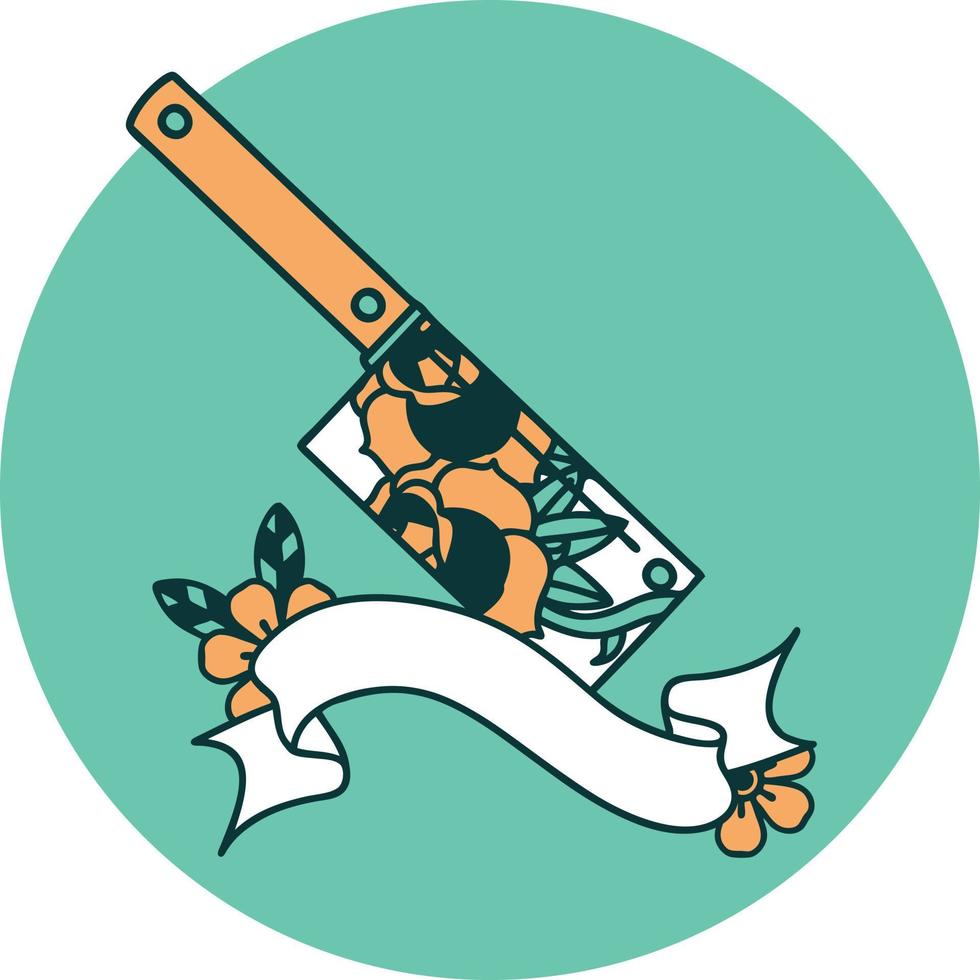 tattoo style icon with banner of a cleaver and flowers vector