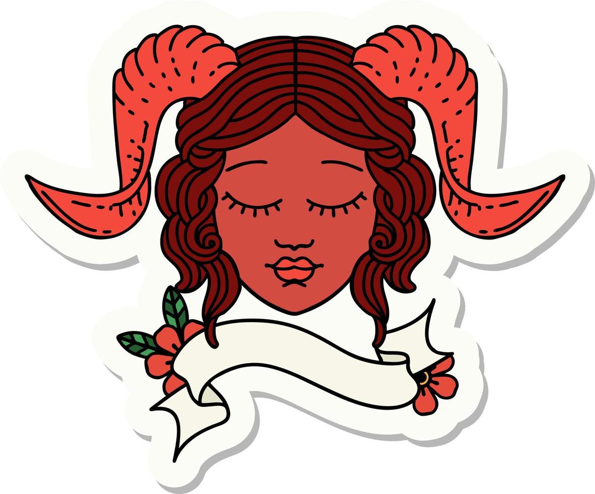 sticker of a tiefling character face with scroll banner vector