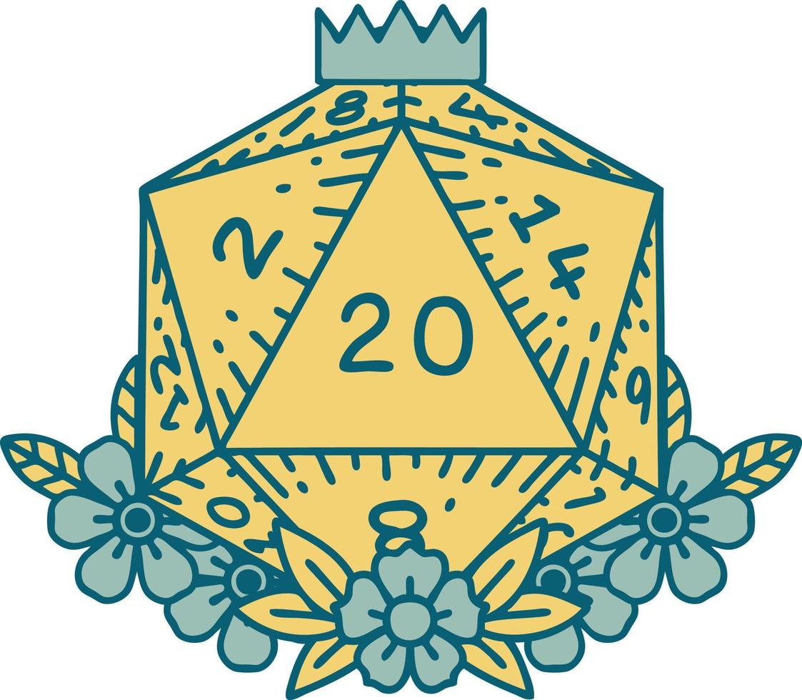 Retro Tattoo Style natural 20 D20 dice roll with floral elements vector
