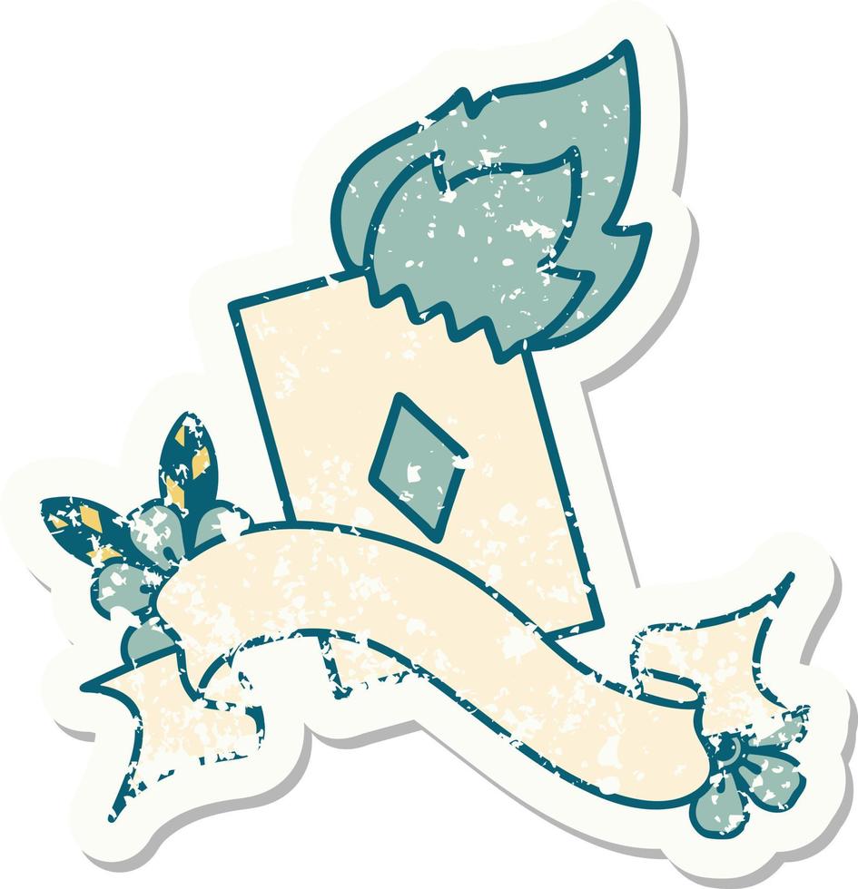 worn old sticker with banner of a flaming card vector