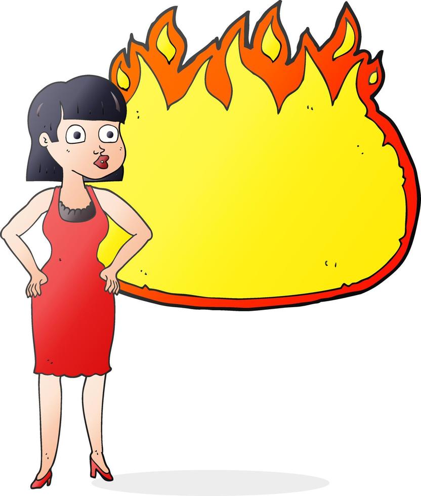 mujer de dibujos animados dibujada a mano alzada vestida con las manos en las caderas y la bandera de la llama vector