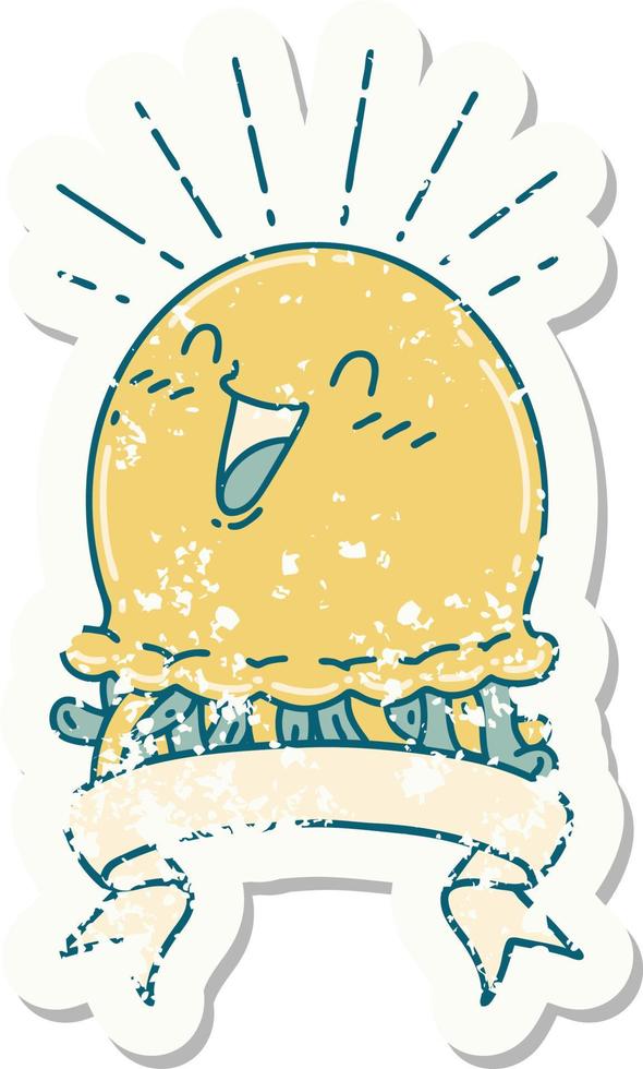 worn old sticker of a tattoo style happy jellyfish vector