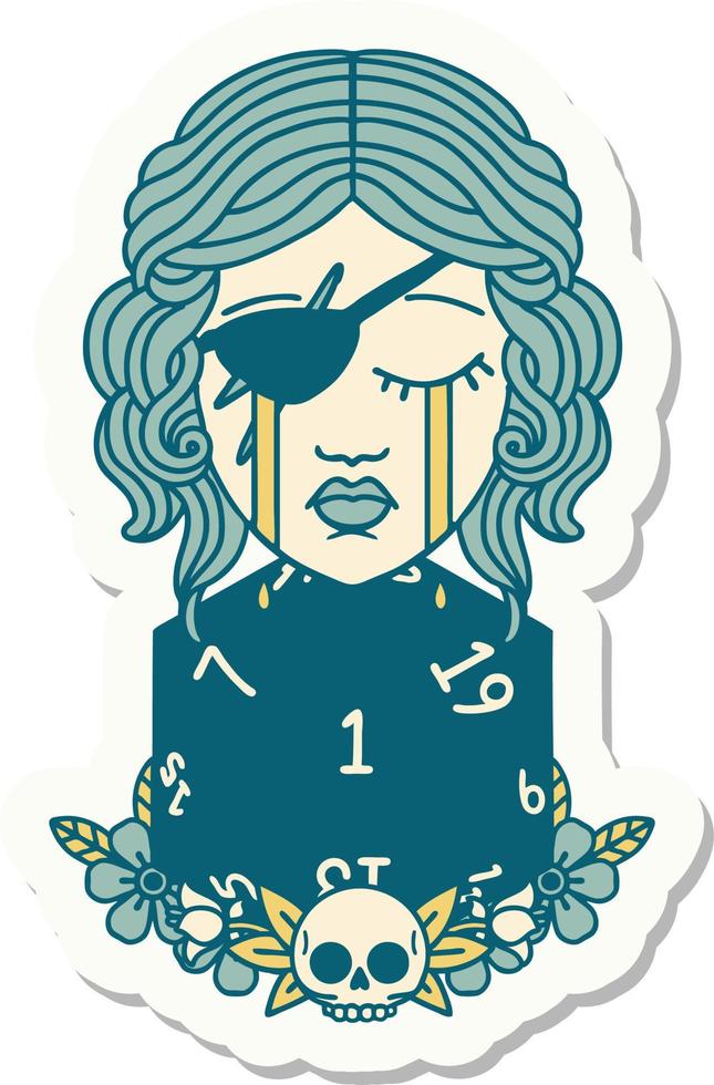 sticker of a crying human rogue with natural one d20 roll vector