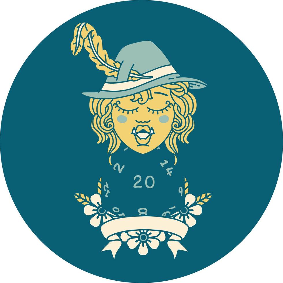 Retro Tattoo Style half orc bard with natural 20 dice roll vector