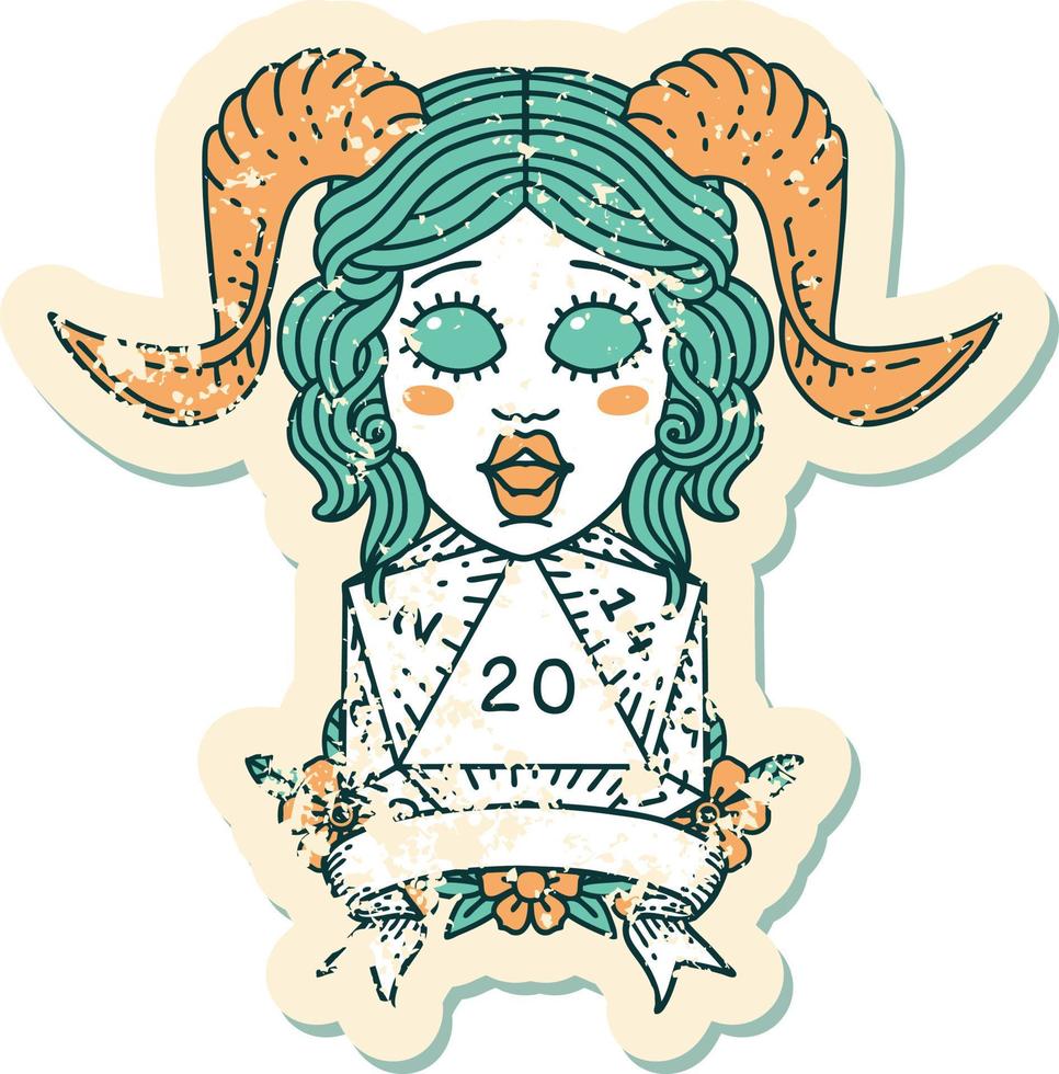 Retro Tattoo Style tiefling with natural 20 D20 roll vector