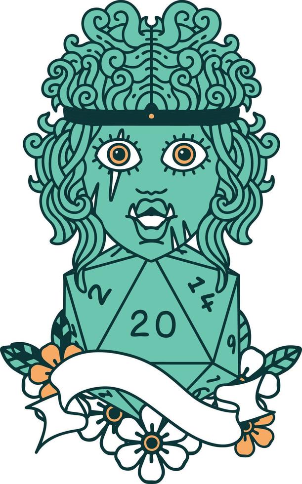 Retro Tattoo Style half orc barbarian character with natural twenty dice roll vector