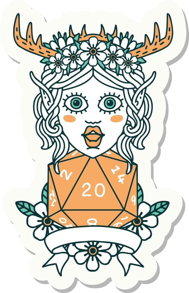 sticker of a elf druid character with natural 20 dice roll vector