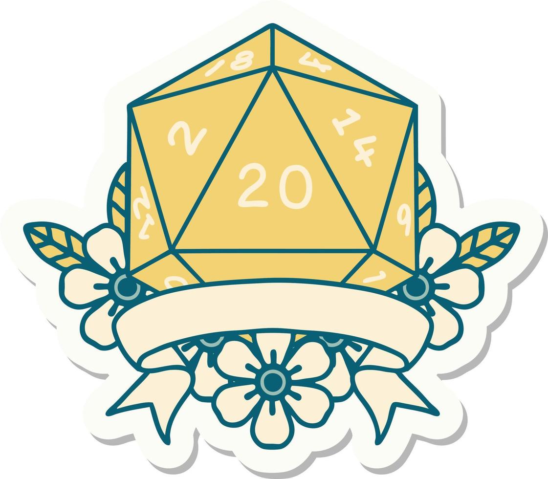 sticker of a natural 20 critical hit D20 dice roll vector